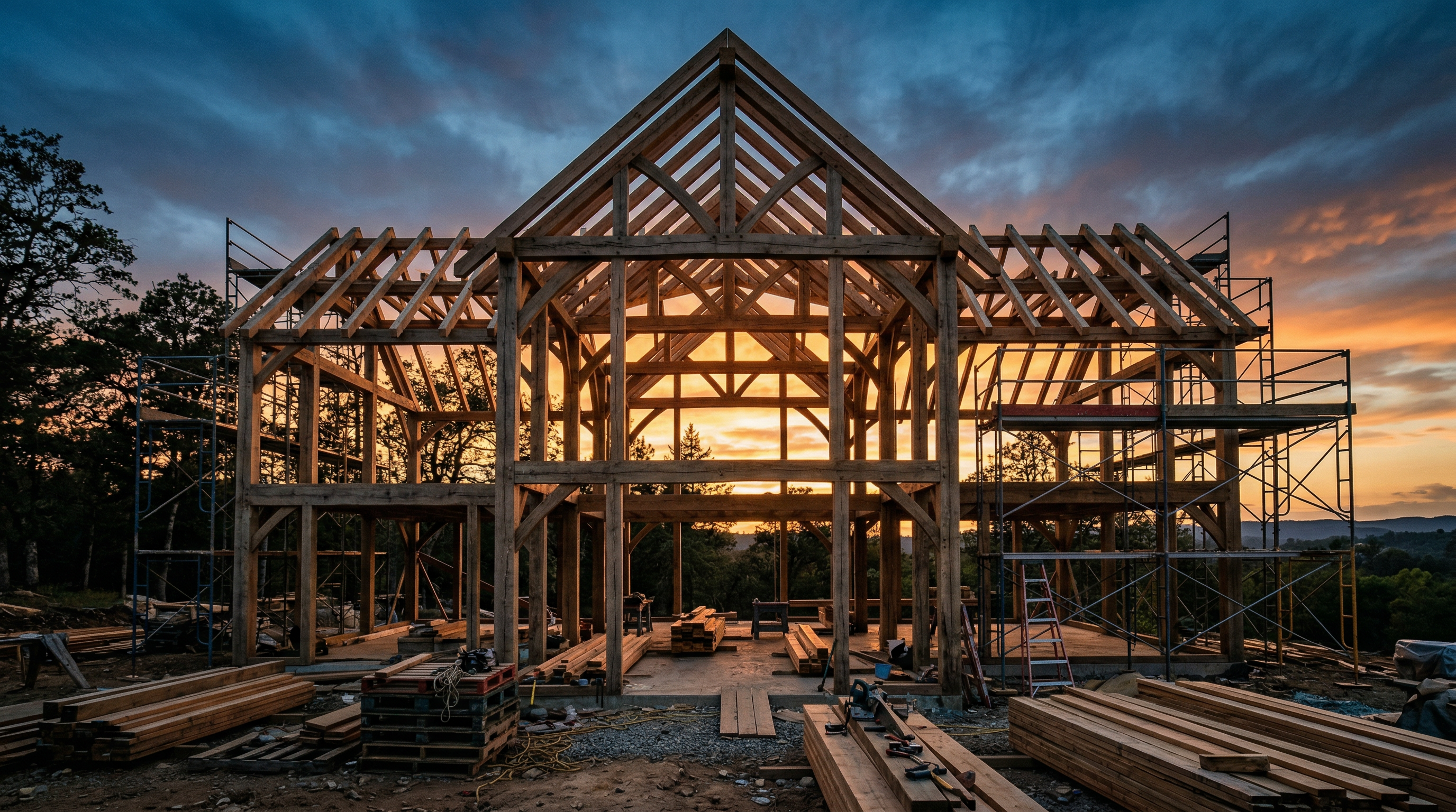 New home framing under construction at sunset — how long does it take to build a home