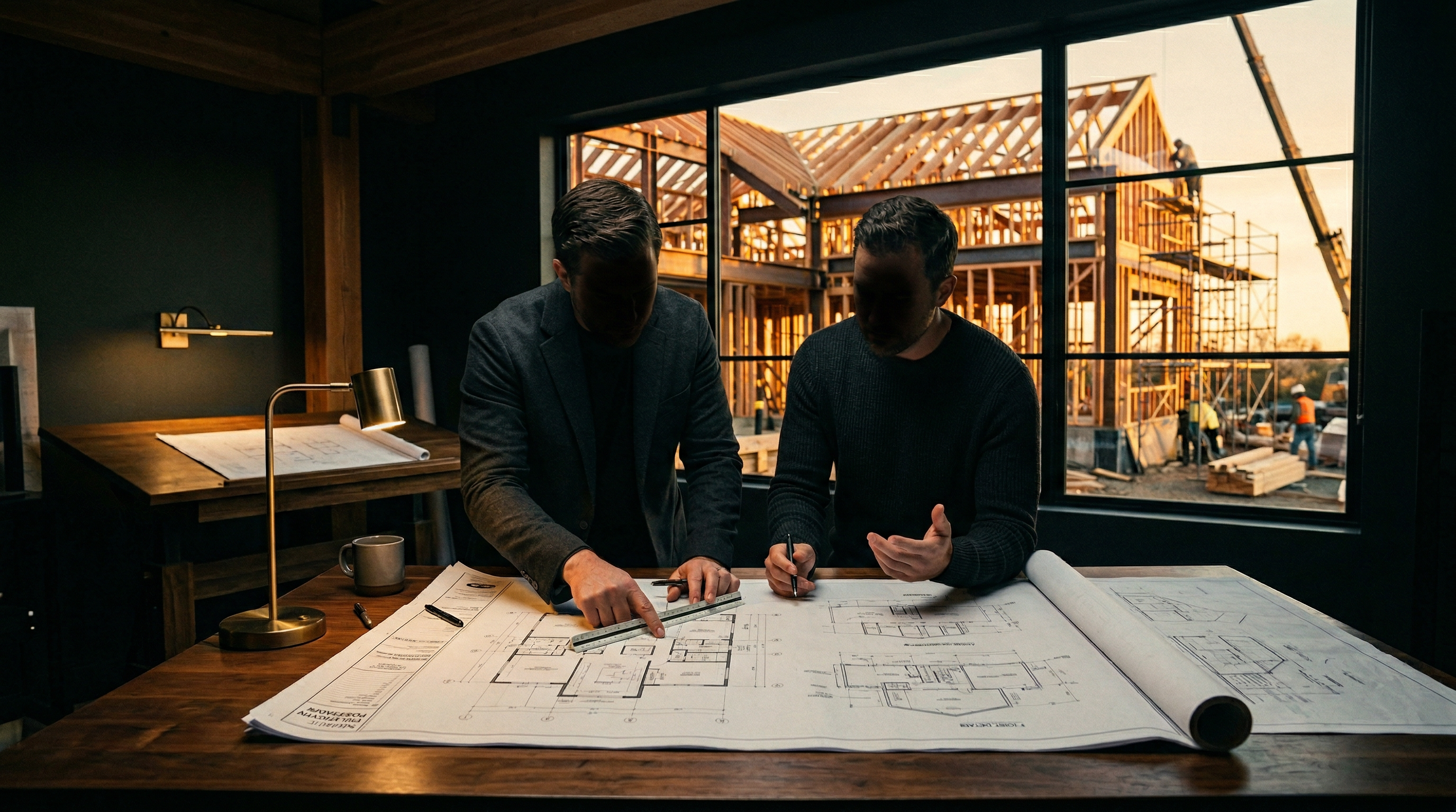 Builder and homeowner reviewing blueprints for custom home build — Hovey Construction Siouxland