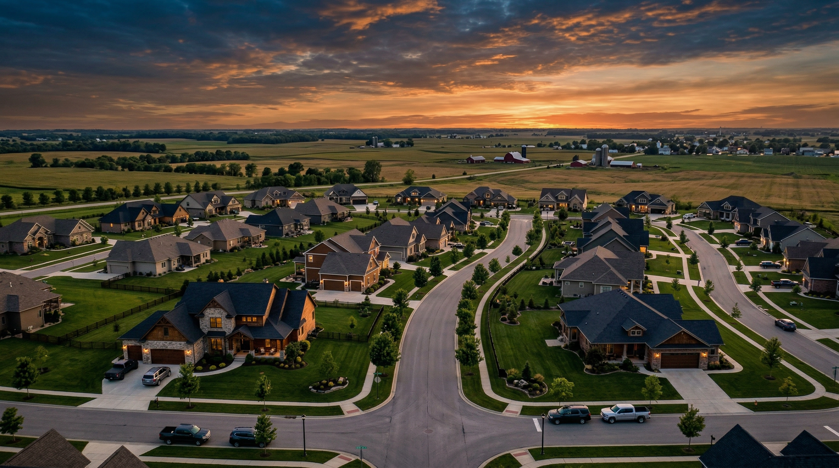 Aerial view of growing Siouxland neighborhood with new construction homes