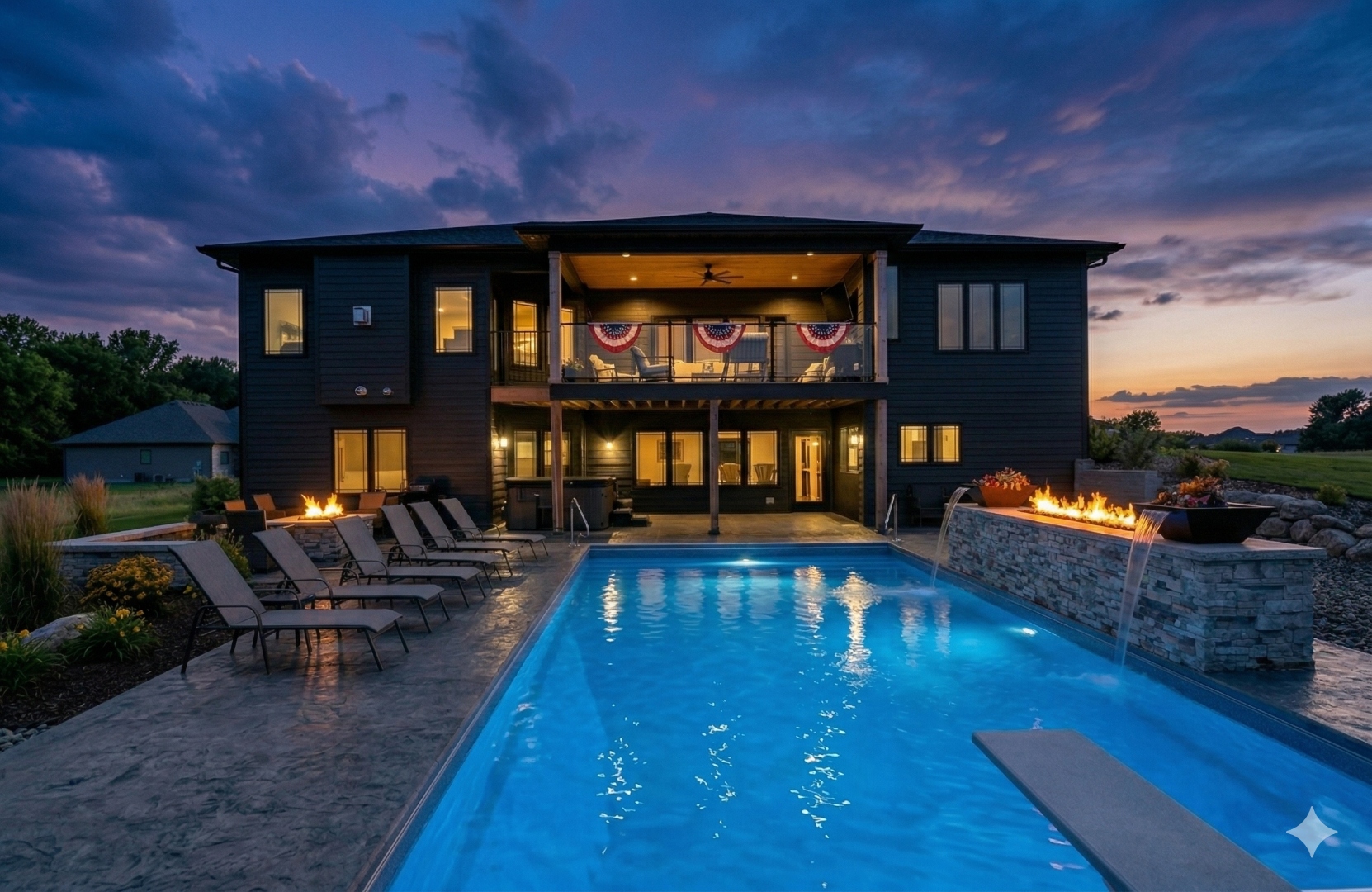 Custom pool at dusk with fire features — Hovey Construction inground pool builder South Sioux City