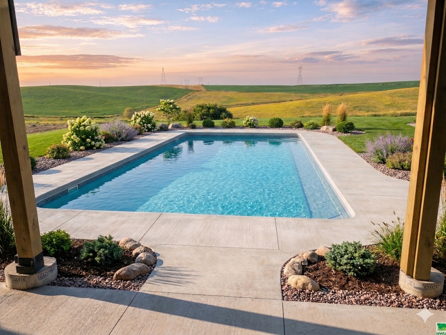 Custom inground pool with pergola at sunset — Hovey Construction pool builder Iowa