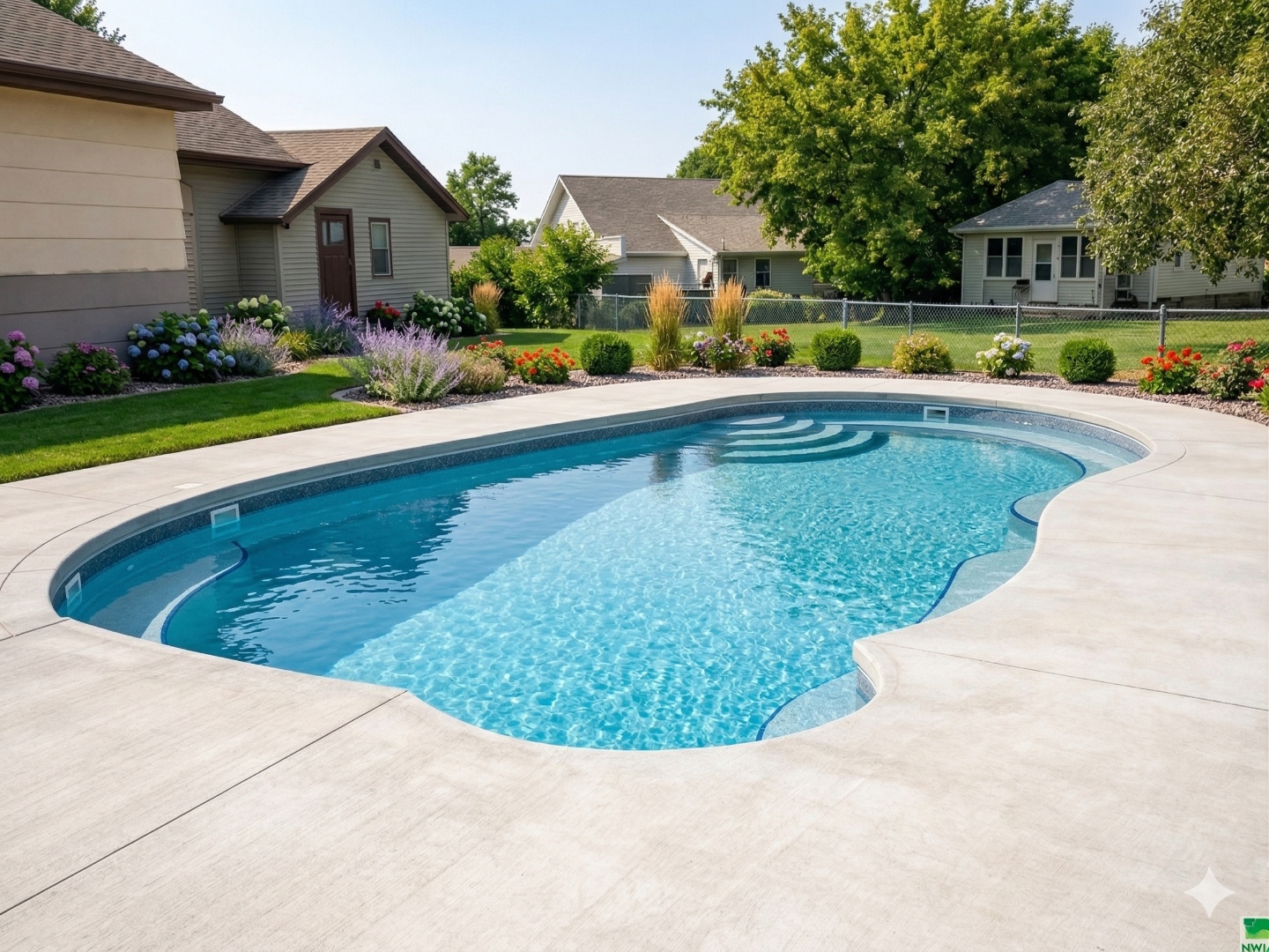 Freeform inground pool with landscaping — Hovey Construction pool contractor Iowa