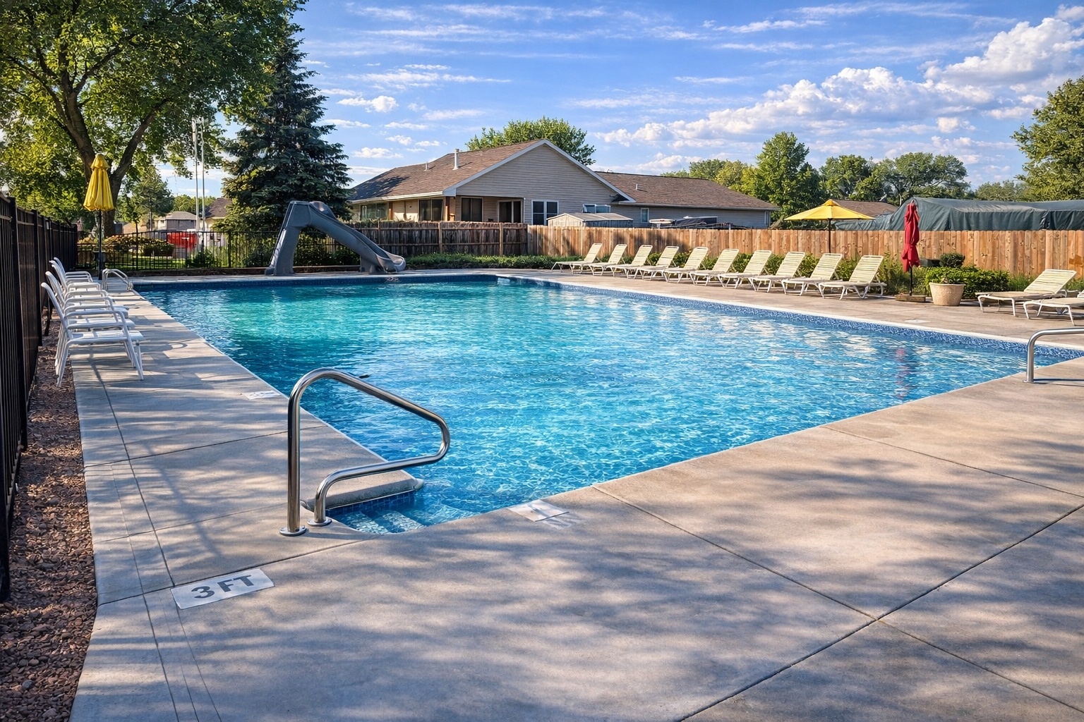 Large inground pool with waterslide and resort deck — Hovey custom pool builder Siouxland