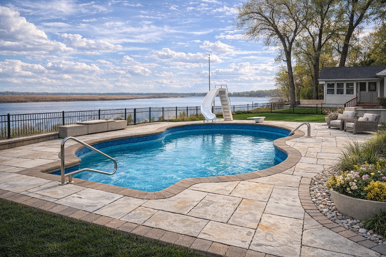 Freeform pool with slide on waterfront — custom pool builder Iowa Hovey Construction