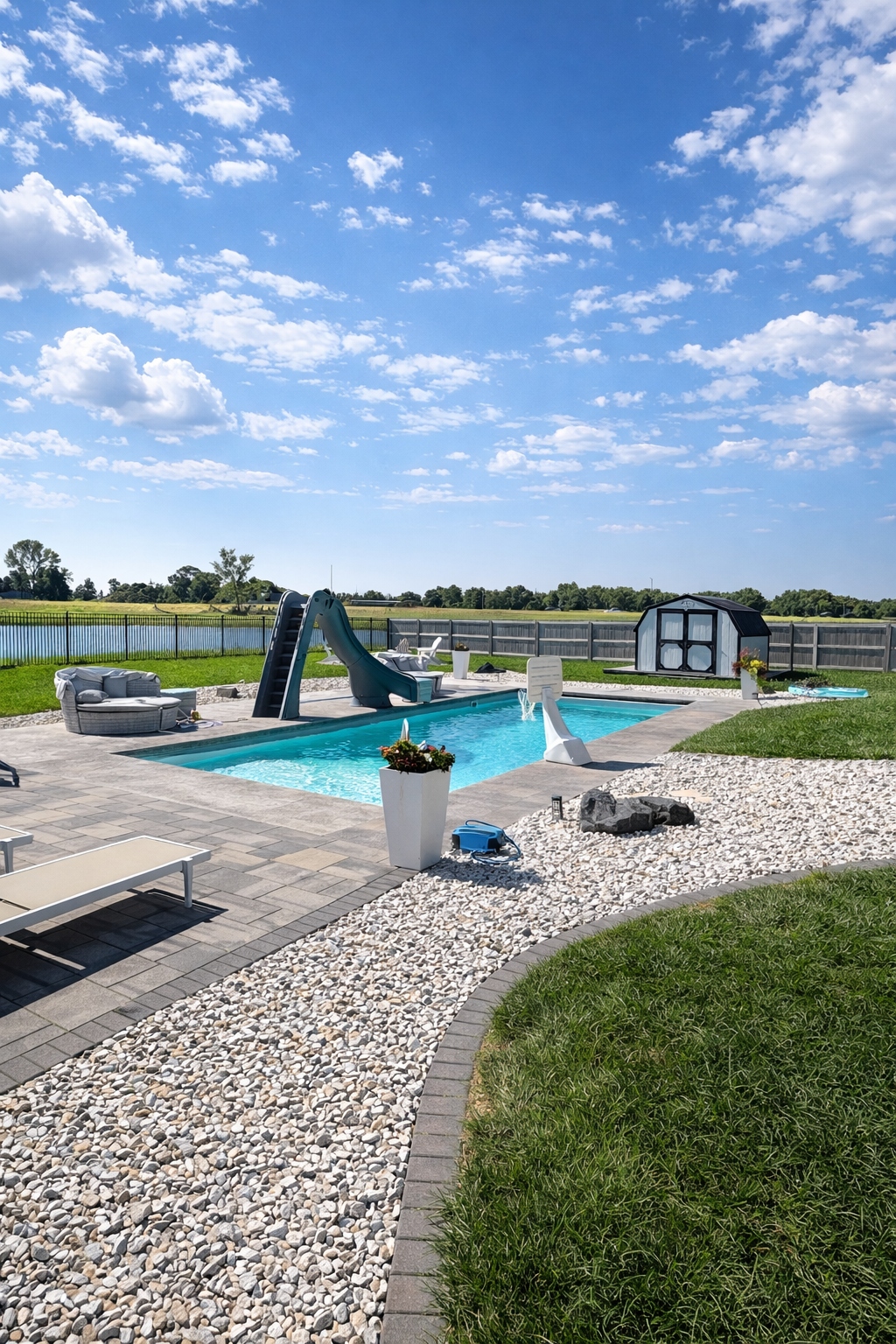 Custom pool with cascading water feature and stone coping — Hovey pool builder Siouxland