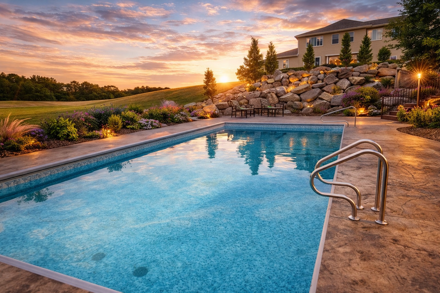 Inground pool with under-deck coverage and seating — Hovey Construction pool builder