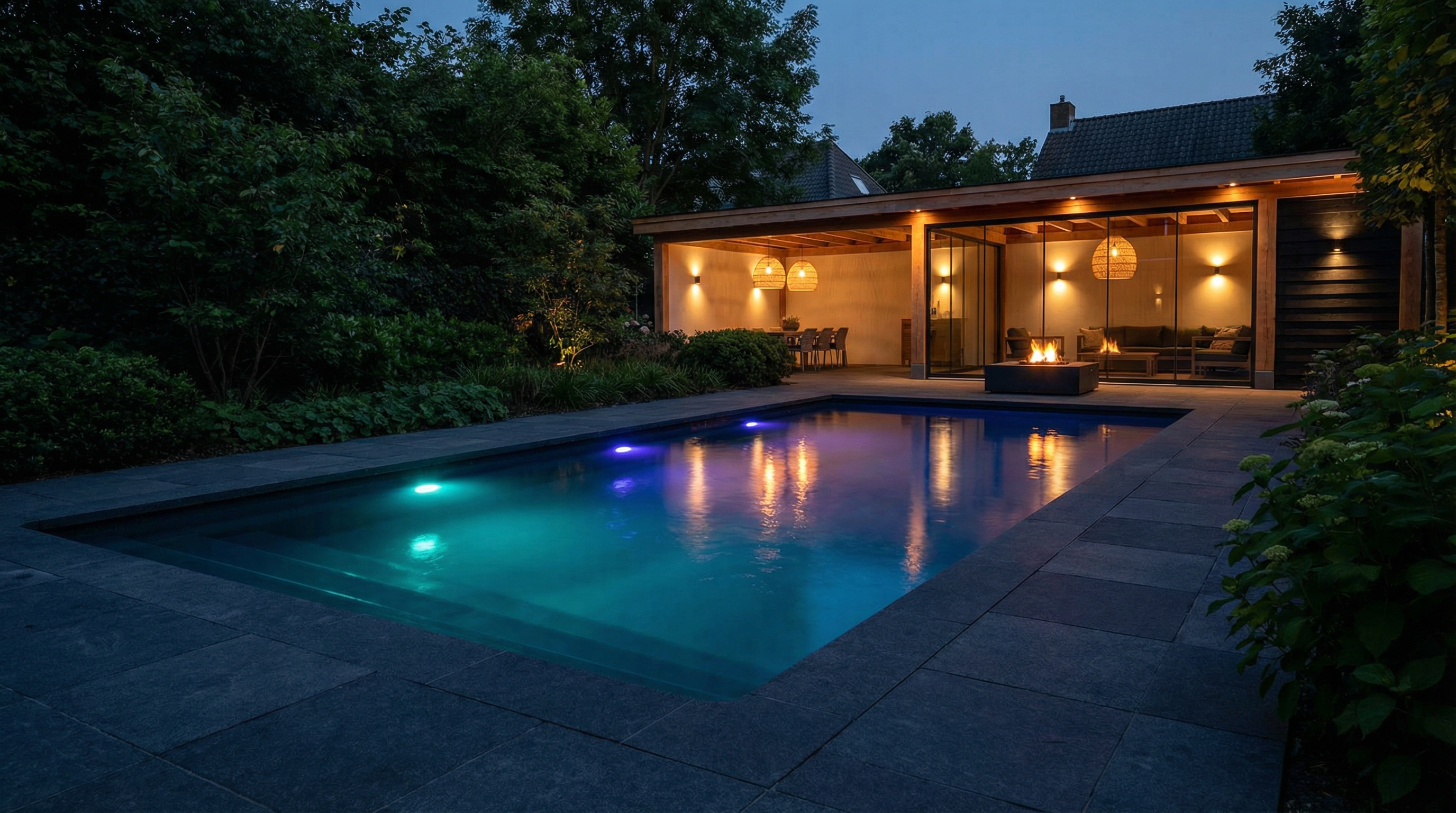 Custom inground pool at night with fire feature — Hovey Construction pool builder Siouxland