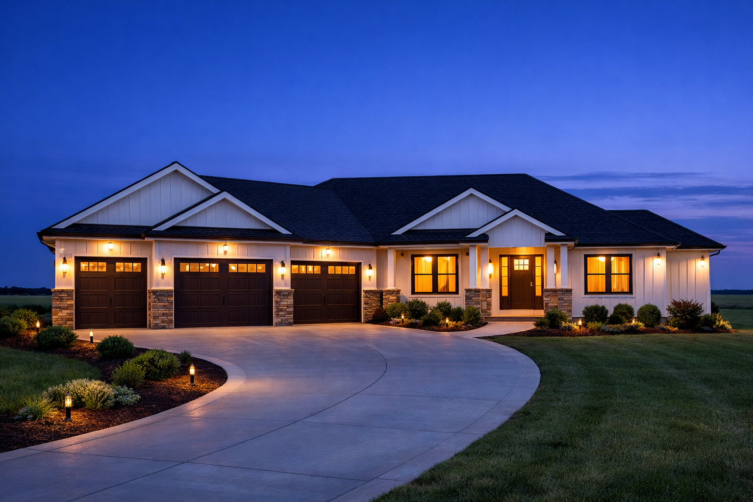 Hovey custom home at dusk — new home construction Siouxland Iowa Nebraska South Dakota