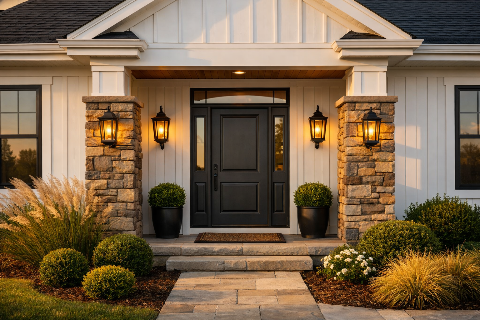 Custom home entryway with stone columns — Hovey Construction spec home South Sioux City