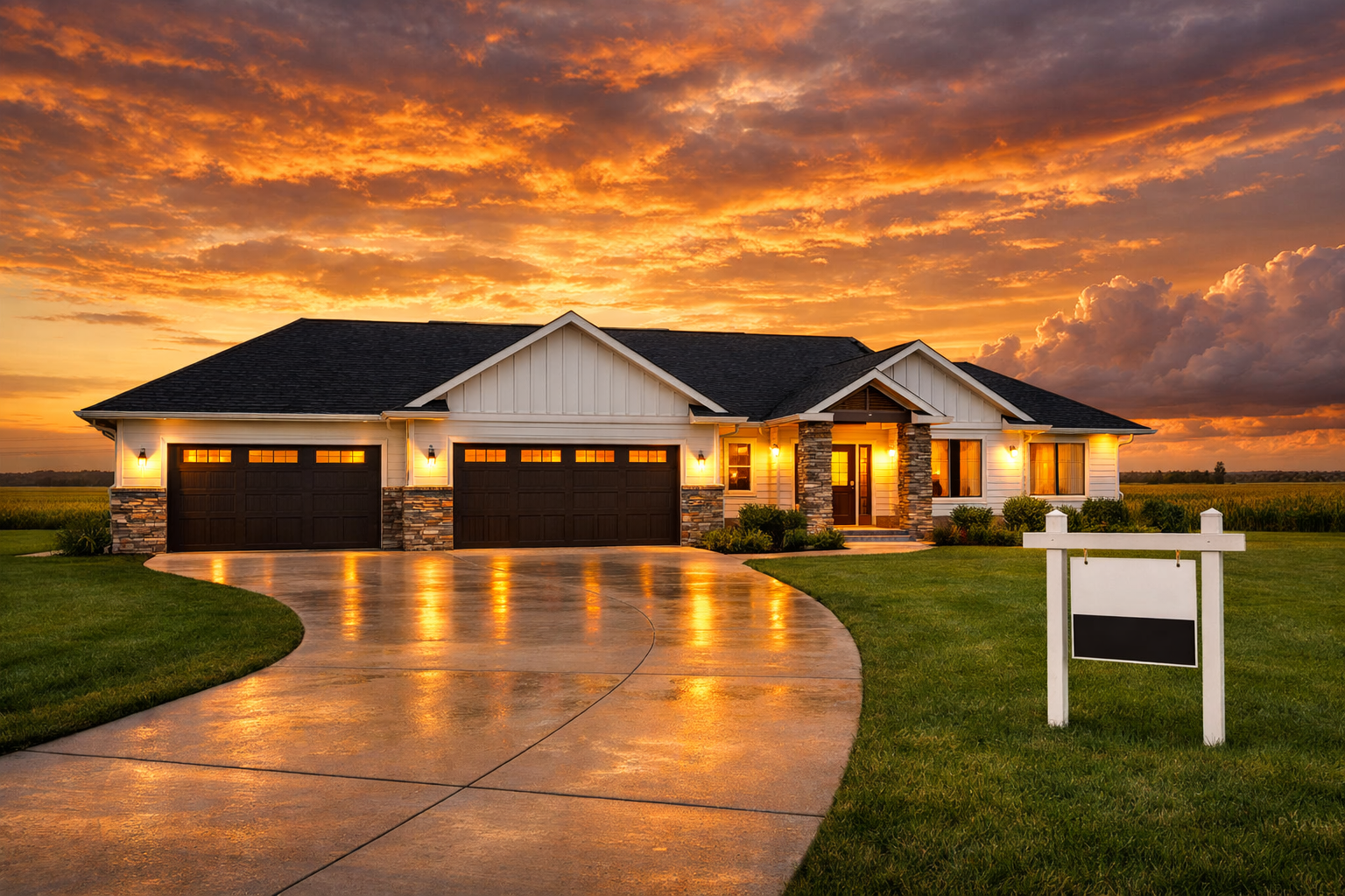 Hovey Construction custom home at golden sunset — South Sioux City Nebraska home builder